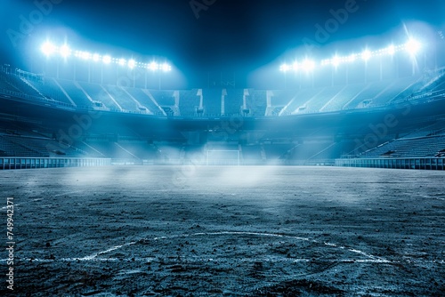 A wide-angle shot of an empty football stadium with lights shining down onto the pitch at night photo
