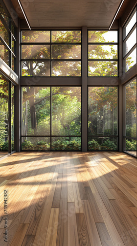木の床と大きな窓のあるモダンな空き部屋