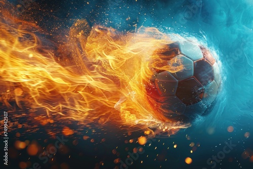 Soccer Ball Engulfed in Flames and Water Splash. A dynamic image of a soccer ball caught between a fiery blaze and a cool water splash, symbolizing power and energy. Sport football concept.