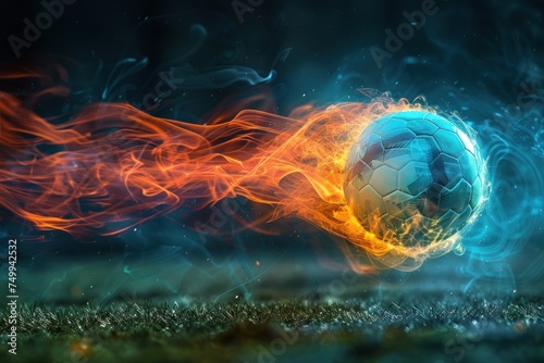 Soccer Ball Engulfed in Flames and Water Splash. A dynamic image of a soccer ball caught between a fiery blaze and a cool water splash  symbolizing power and energy. Sport football concept.