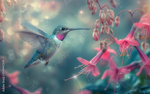 Hummingbird Feeding on Nectar of a Pink Blossom © Pure Imagination
