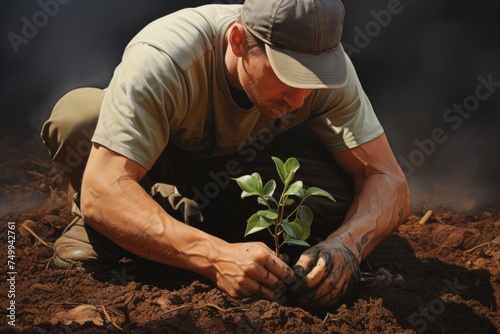 Close-up male man farmer worker gloved hands planting seeds touching soil ground gardening growth green vegetable tree plant. Landscape designer business ecology eco activist agriculture earth care