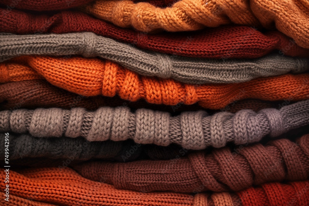 ozy knitted sweaters. Warm concept. Sweaters folded in piles ozy knitted sweaters. Warm concept. Sweaters folded in piles