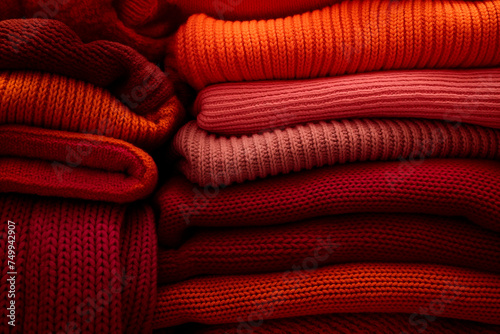 ozy knitted sweaters. Warm concept. Sweaters folded in piles photo