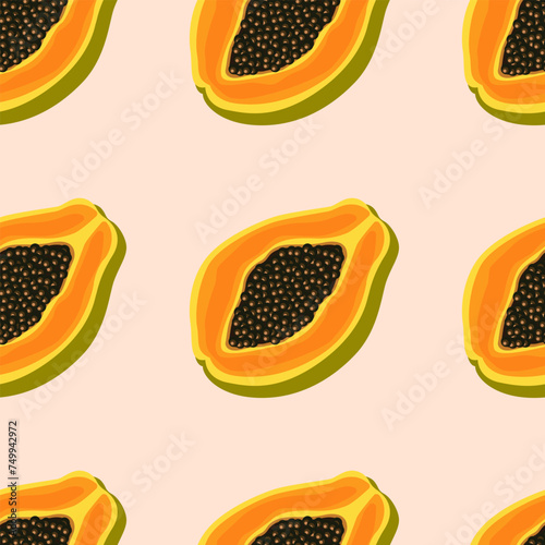 Tropical seamless vector pattern of papaya fruits on a pale pink background. Ideal for wallpaper, food wrapping paper, fabric, background, baby products, etc.