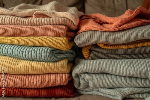 ozy knitted sweaters. Warm concept. Sweaters folded in piles