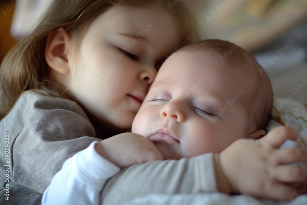 Little sister hugging her newborn brother. Cute girl and new born baby boy relax Little sister hugging her newborn brother. Cute girl and new born baby boy relax
