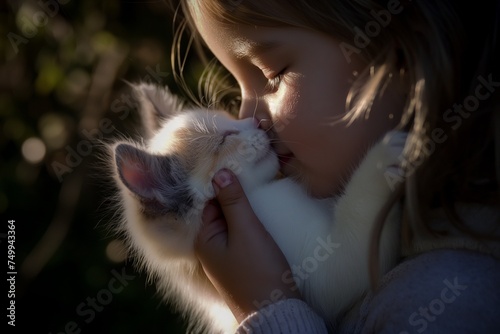 Adorable little girl kissing her kitten  tenderness and care
