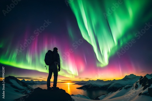 aurora borealis and male silhouette landscape with polar lights, 