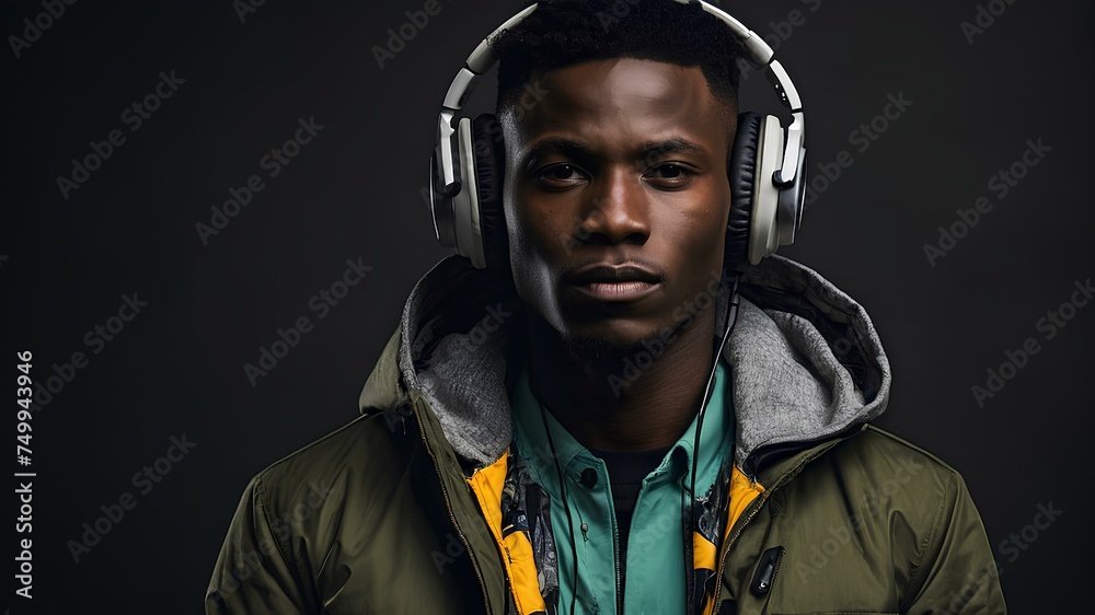 African-American Musical Influencer: Portrait of a Stylish DJ in Headphones, Wearing a Jacket Against a black Background African-American Musical Influencer: Portrait of a Stylish DJ in Headphones, Wearing a Jacket Against a black Background
