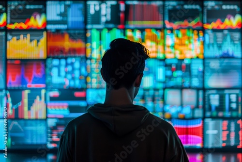 The back view of a man analyzing complex colorful graphical data displayed on multiple screens