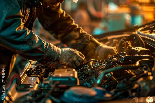 A professional mechanic in work clothes is engrossed in fixing a vehicle's engine under artificial light
