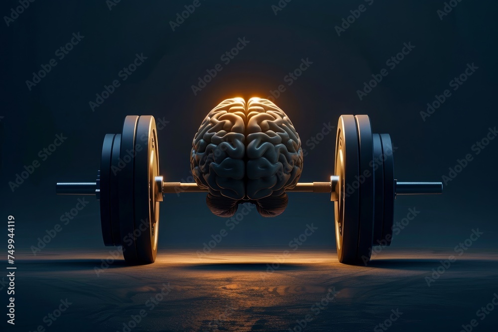 A powerful visual metaphor of the brain as strong and resilient, symbolized by its integration with dumbbells - obrazy, fototapety, plakaty 
