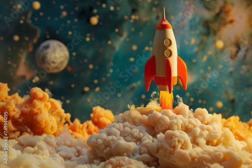 Colorful toy rocket blasting off through fluffy clouds into space with a galaxy background, creating a playful and imaginative scene. Concept of childhood, adventure, and creativity.
 photo