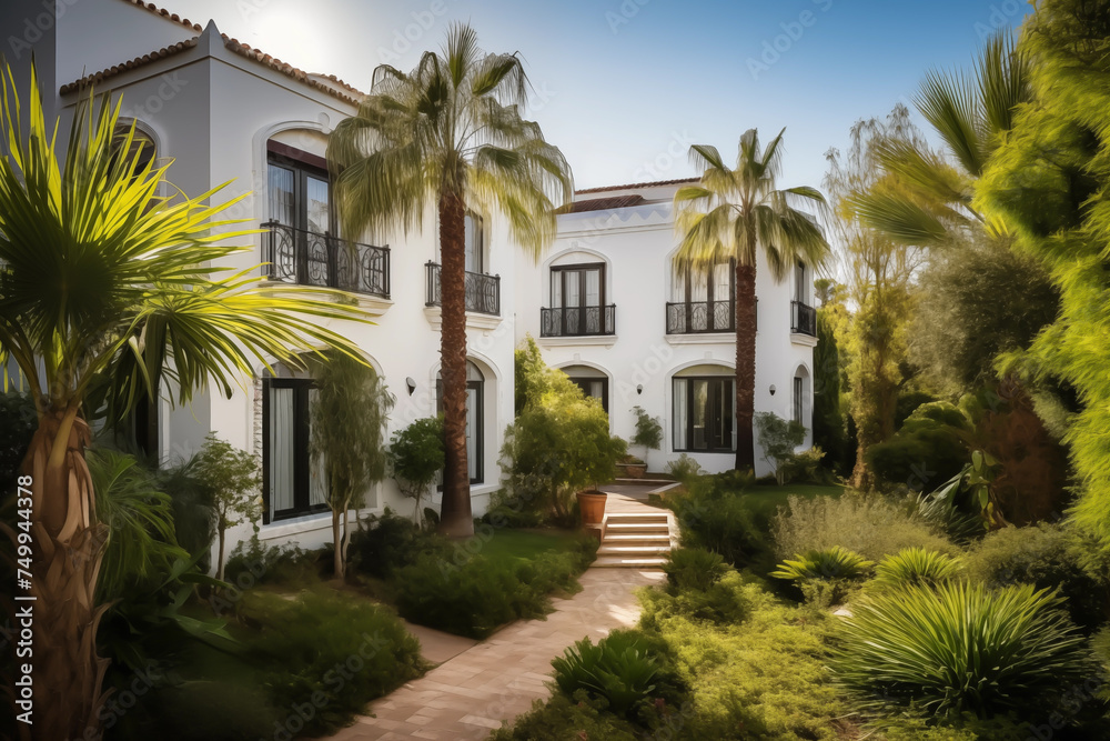 Luxury Villa with garden in Spain. Luxury home. Villa Resort, Spanish Real Estate in Sierra Blanca, Marbella. Residence in Mediterranean. Modern apartment buildings, House Facade exterior design.
