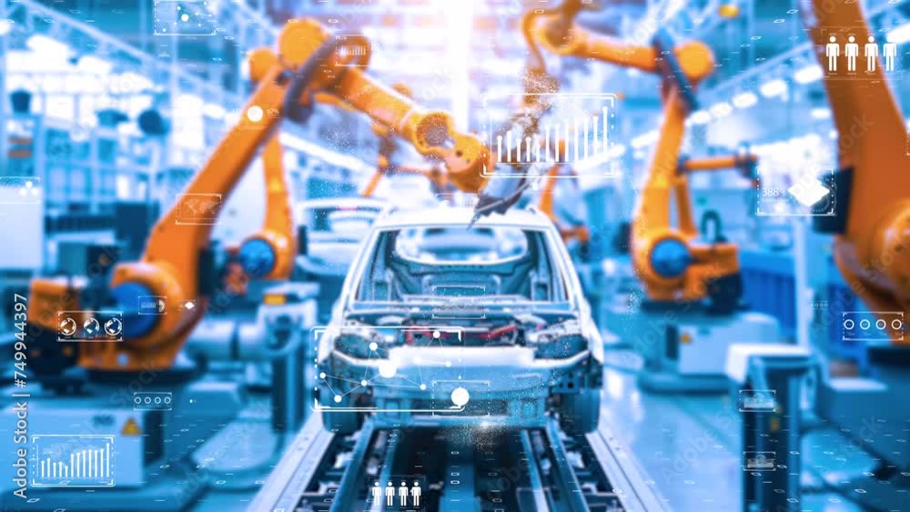A high-tech car production line featuring an advanced chassis. Next-generation vehicle assembly with robotic automation and cybernetic engineering environment. A high-tech car production line featuring an advanced chassis. Next-generation vehicle assembly with robotic automation and cybernetic engineering environment.