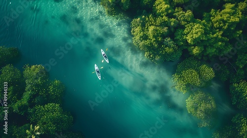 Paddleboarders exploring a serene mangrove forest  with copy space