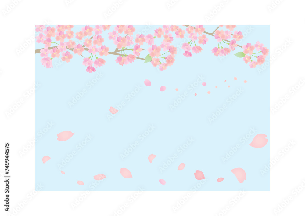 花びら舞い散る青空と桜の背景イラスト