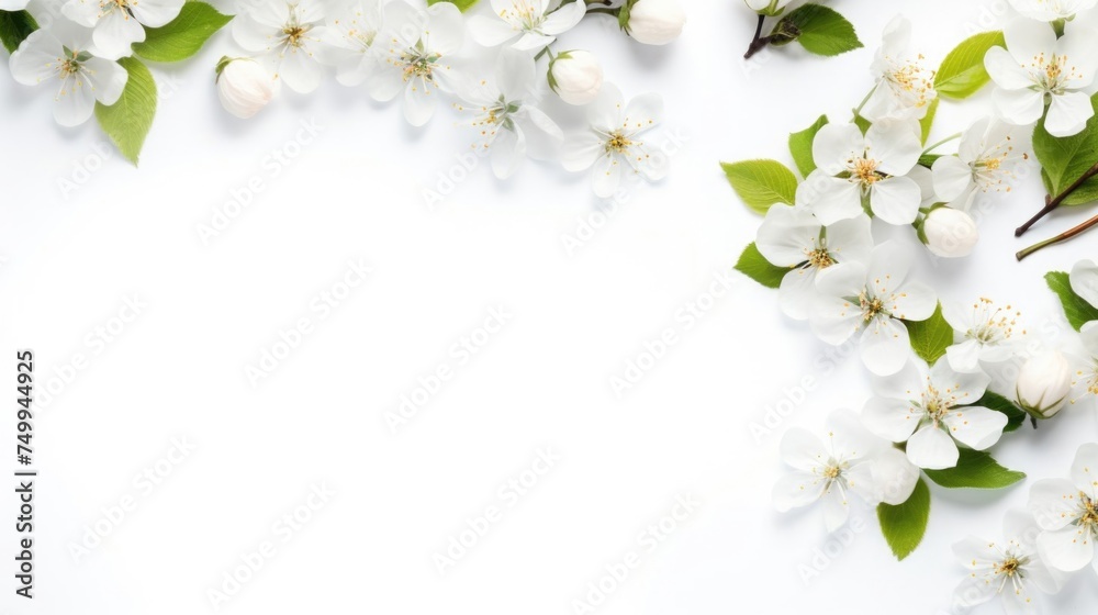 Frame of white blossoming apple tree flowers. Spring blooming with copy space in the center. Top view. Copy space. Frame of white blossoming apple tree flowers. Spring blooming with copy space in the center. Top view. Copy space.