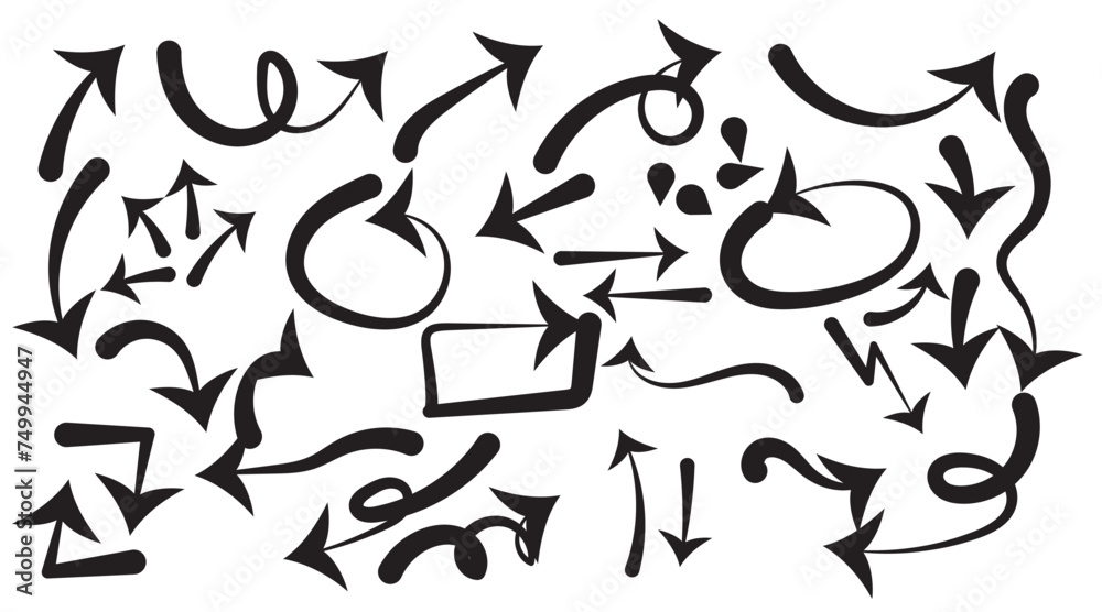 Doodle arrows. Hand drawn line pointers, pencil sketch elements, round curly wavy direction arrows. Vector linear black arrow set Doodle arrows. Hand drawn line pointers, pencil sketch elements, round curly wavy direction arrows. Vector linear black arrow set
