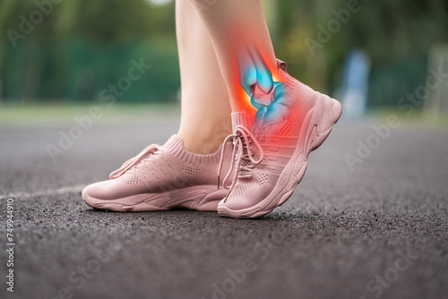 Achilles tendon injury, joint inflammation, foot pain, woman suffering from feet ache on a running track, podiatry concept