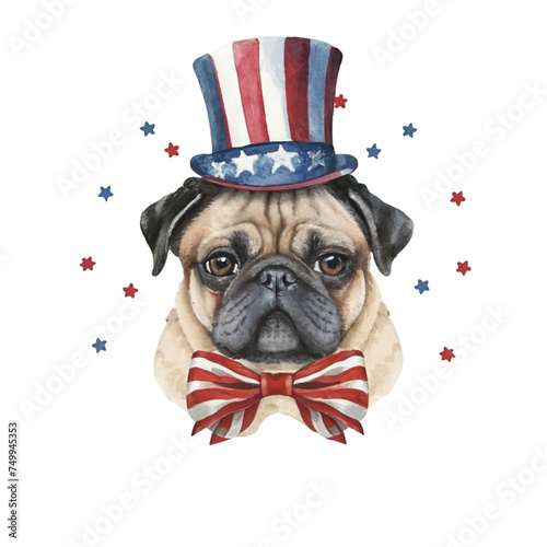watercolor graphic with a pug in a hat for July 4th photo