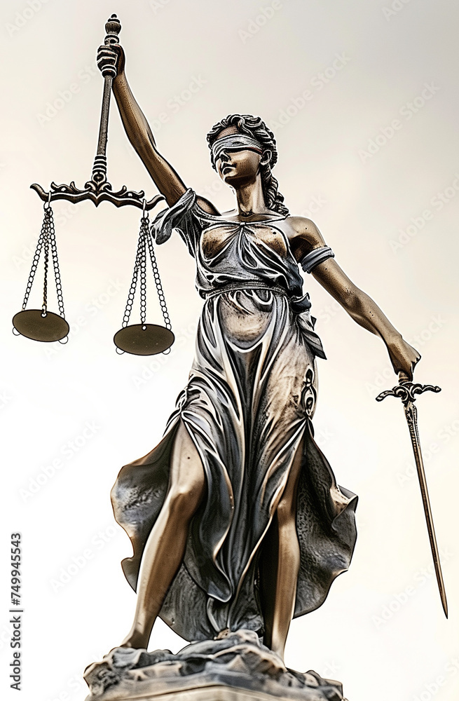 a statue of Lady Justice/Justitia, with scales and a sword, in a front view in a Vertical layout, in a judicial-themed, photorealistic illustration in JPG. Generative ai a statue of Lady Justice/Justitia, with scales and a sword, in a front view in a Vertical layout, in a judicial-themed, photorealistic illustration in JPG. Generative ai
