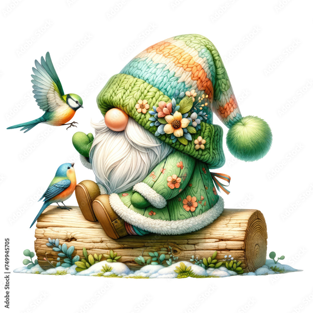 Illustration of Garden Gnome with a Friendly Bird.