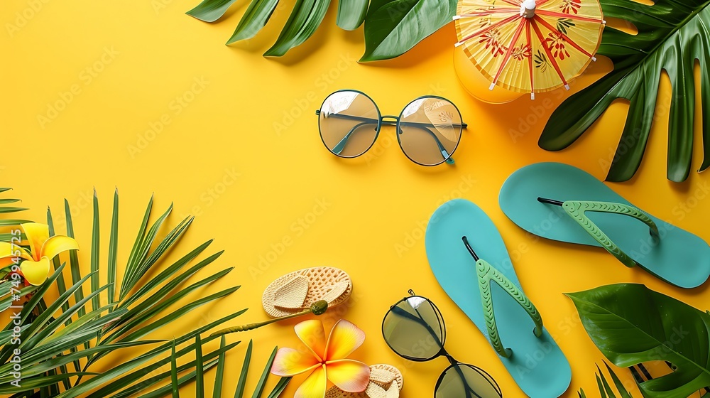 Mockup of vacation essentials on a bright yellow background, including flip flops, sunglasses, and a tropical drink with a decorative umbrella, perfect for summer holiday planning - obrazy, fototapety, plakaty 