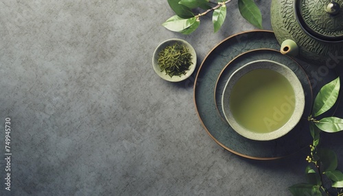 green japanese tea on stone table top view with copy space