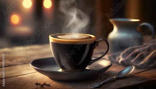 a steaming cup of hot black coffee on a wooden table the coffee is dark and rich in color with a thick layer of foam on top