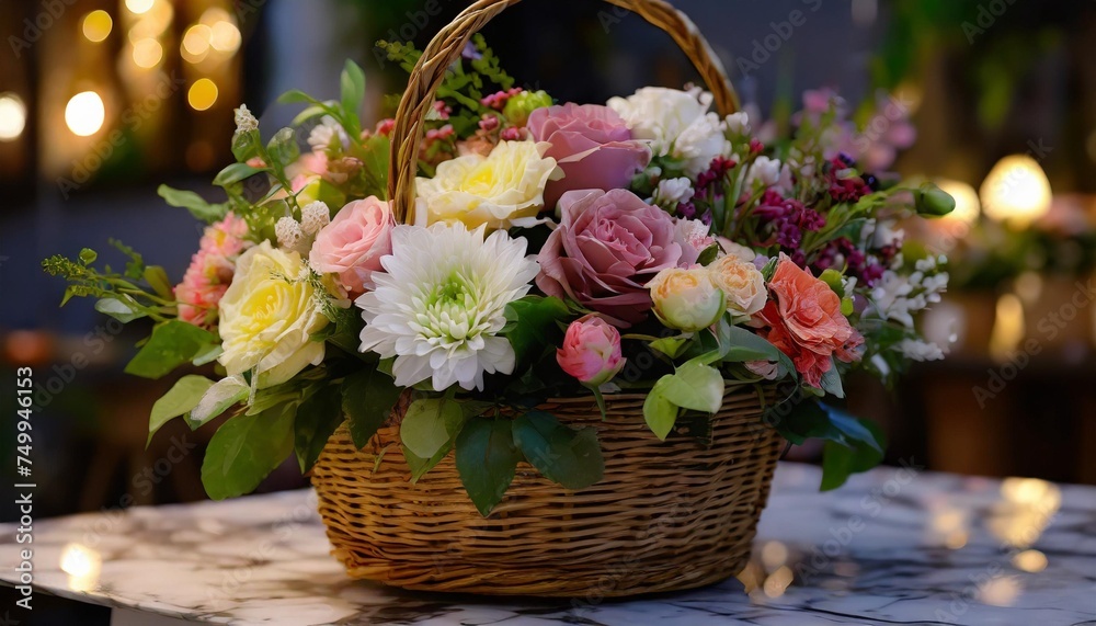 flower arrangement in wicker basket beautiful bouquet of mixed flowers on a marble table floral shop concept handsome fresh bouquet flowers delivery