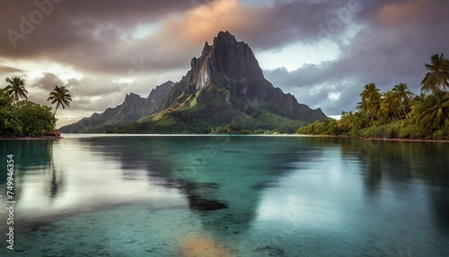 view of the mont otemanu mountain reflecting in water at sunset in bora bora french polynesia south pacific photo