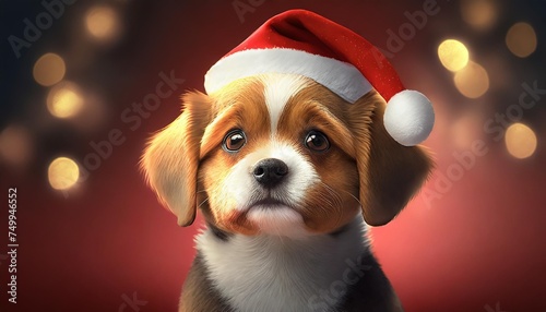 christmas and new year greeting card dog in a santa claus hat isolated on red background