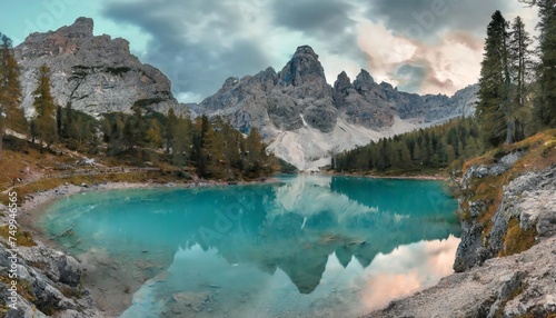 panoramic view to sorapis lake an unbelievable turquoise and azure lake in the heart of the dolomites near cortina d ampezzo italy south tyrol