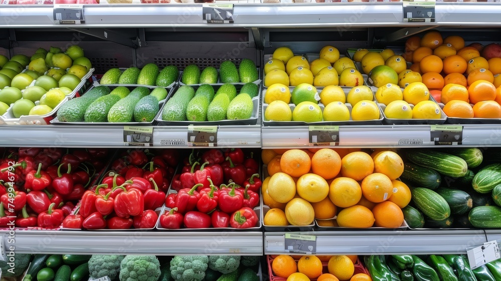 Fresh fruits and vegetables neatly arranged on shelves in a supermarket, offering a variety of healthy options. Fresh fruits and vegetables neatly arranged on shelves in a supermarket, offering a variety of healthy options.