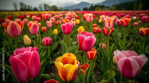 Highlight the vibrant colors of a field of tulips stretching to the horizon