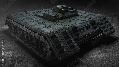 3D rendering of a science fiction style heavy armored military and combat vehicle with resemblance of a panzer decorated with several different artillery