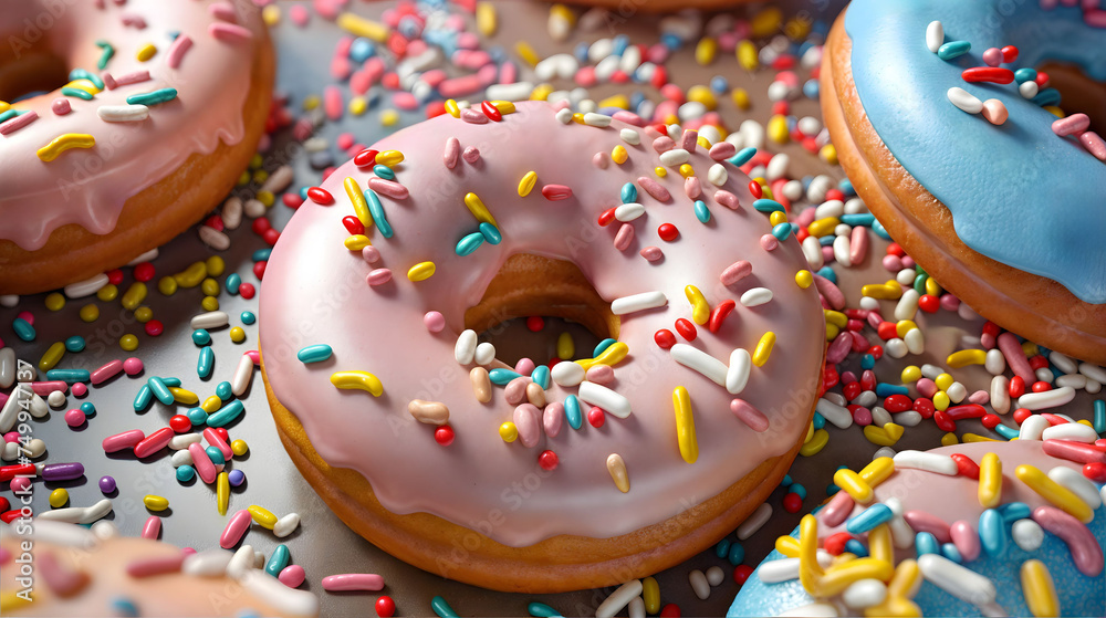 A closeup of a set pink frosted donuts adorned with sprinkles. Generative AI.