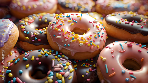 A closeup of a set pink frosted donuts adorned with sprinkles. Generative AI.