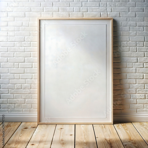 empty wooden poster frame against brick wall 