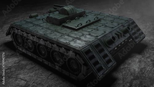 3D rendering of a science fiction style heavy armored military and combat vehicle with resemblance of a panzer decorated with several different artillery