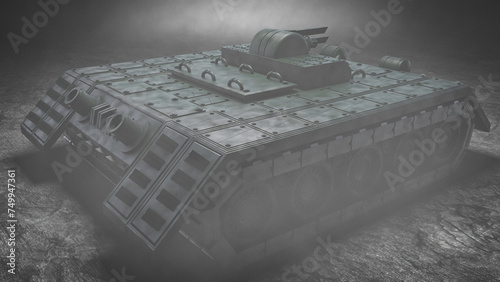 3D rendering of a science fiction style heavy armored military and combat vehicle with resemblance of a panzer decorated with several different artillery