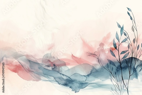 Abstract Artistic Composition with Fine Line Floral Patterns and Soft Watercolor Washes