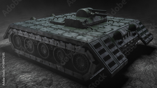 3D rendering of a science fiction style heavy armored military and combat vehicle with resemblance of a panzer decorated with several different artillery