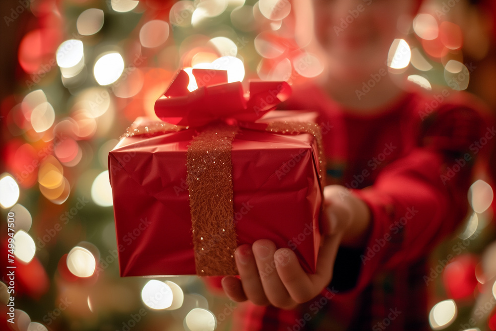 The girl held out her hand with a red gift. In the background, the side of the Christmas lights. The girl held out her hand with a red gift. In the background, the side of the Christmas lights.