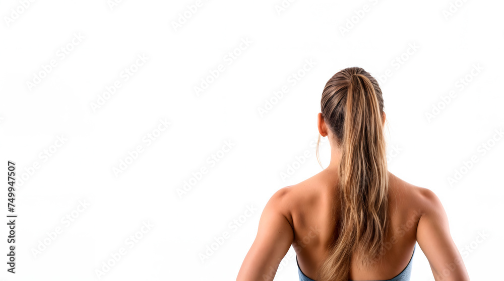 Woman seen from behind on white backdrop copy space. Female figure Generative AI Woman seen from behind on white backdrop copy space. Female figure Generative AI