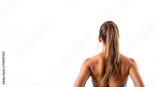 Woman seen from behind on white backdrop copy space. Female figure Generative AI