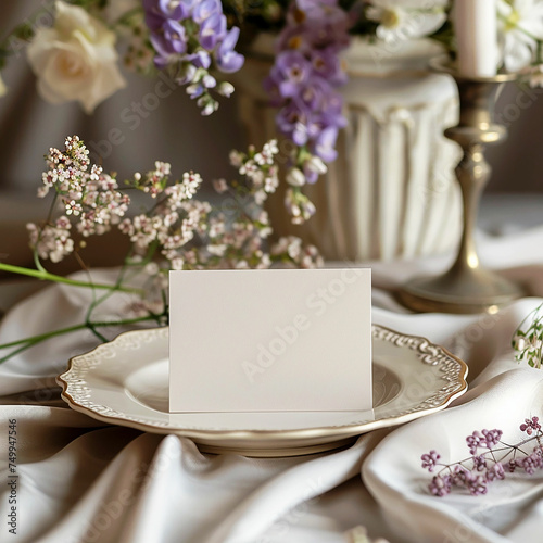 Mockup white blank space card, for Name place, Folded, greeting, wedding table setting background. photo