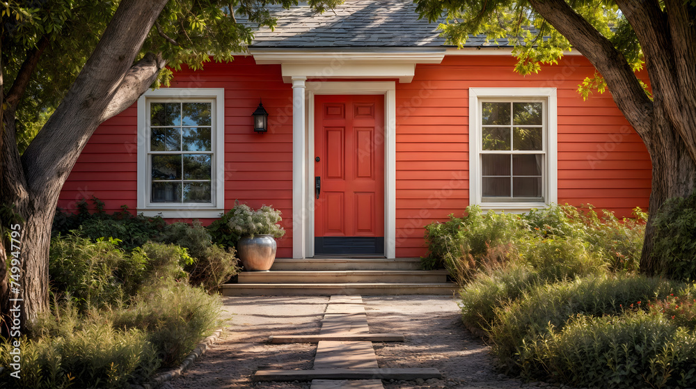 At the threshold of a captivating home with a striking red door. Generative AI